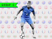 Editorial illustration for World Cup Group C featuring a soccer player in a French blue jersey number 6 against a background of flag-patterned balls.
