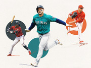 Editorial illustration of three MLB baseball players in action poses: an Arizona Diamondbacks batter, a Seattle Mariners baserunner, and a Washington Nationals pitcher.