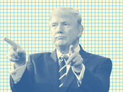 Blue-tinted editorial illustration of a man in a suit pointing with both index fingers, set against a grid paper background.