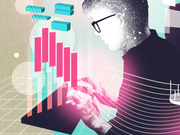 Editorial illustration of a person wearing glasses working on a laptop surrounded by floating bar charts and 3D data visualization elements in pink and teal.