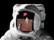 Collage illustration of an astronaut helmet reflecting a scene of a small astronaut flying a red kite on the surface of Mars.