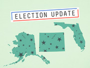 Editorial illustration showing silhouettes of Alaska, Colorado, and Florida decorated with stars under an Election Update banner with red and blue borders.