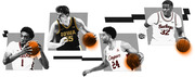 Editorial collage illustration of four college basketball players in grayscale with orange-highlighted basketballs, representing Alabama, Iowa, Cougars, and Ohio State Buckeyes.