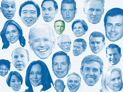 Collage of blue-tinted headshots of 2020 Democratic presidential candidates with Joe Biden's face largest in the center and one figure in green.