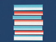 Editorial illustration of a stack of books with alternating blue and red spines on a dark navy background.