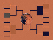 Editorial illustration showing a tournament bracket diagram with an image of Mars at the center, set against an orange-red background with colored square placeholders.
