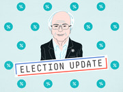 Editorial illustration of a caricature of Bernie Sanders surrounded by teal percentage sign icons with an Election Update banner overlay.