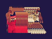 Editorial illustration showing two NBA players — Washington Wizards number 22 and Dallas Mavericks number 8 — repeated in a fanned-out collage effect on a dark purple background.