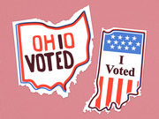 Illustrated I Voted stickers shaped like the states of Ohio and Indiana with patriotic red, white, and blue designs on a pink background.