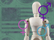 Editorial illustration showing a wooden artist mannequin surrounded by male, female, and transgender gender symbols against a green blueprint background with an American flag.