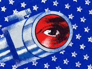 Editorial illustration showing a telescope or camera lens with a red eye visible through it, set against a blue background covered in white stars.