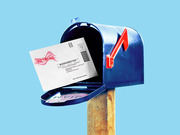 Editorial illustration of a blue mailbox on a wooden post with an Official Election Mail envelope sticking out, set against a light blue background.