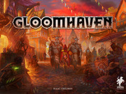 Cover art for the board game Gloomhaven showing armored fantasy characters walking through a medieval town market under a red sky.