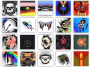 A grid of 20 abstract digital artworks featuring surreal and psychedelic imagery including skulls, butterflies, insects, faces, and creatures in vivid colors.