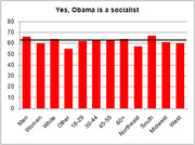 Bar chart showing percentage of respondents by demographic group who agree that Obama is a socialist, with values ranging roughly 55-65%.