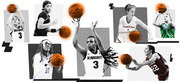 Collage of black-and-white photos of women's college basketball players from teams including Belmont, Knights, Princeton, FGCU, and others, with orange-highlighted basketballs.