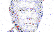 A mosaic portrait of a human face composed of densely layered text fragments, words, and small images in blue, red, and black on white.