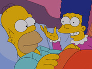 Cartoon illustration of Homer and Marge Simpson lying in bed having a conversation, from the animated TV show The Simpsons.