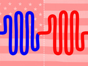 Editorial illustration showing blue and red squiggly lines against a pink American flag background, divided by a dashed white line, representing Democratic and Republican parties.