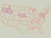 US map with red and blue arrow icons scattered across Oregon, Montana, Nebraska, and Pennsylvania, likely indicating competitive or split electoral districts.