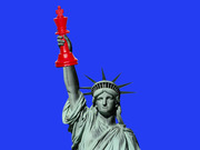 Editorial illustration of the Statue of Liberty holding a red chess king piece instead of a torch, set against a bright blue background.