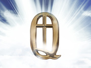A golden letter Q incorporating a church window cross design, floating against a heavenly sky with rays of light, illustrating QAnon and religion themes.