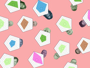Decorative collage of colorful concentric pentagon shapes and illustrated human faces scattered on a pink background.