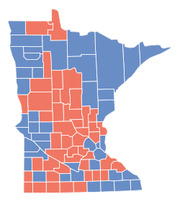 County-level election results map of Minnesota showing Republican red and Democratic blue counties.