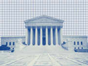 Blue-tinted editorial illustration of the U.S. Supreme Court building facade overlaid with a grid pattern background.