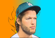 Editorial illustration of a man wearing an LA Dodgers cap against a split orange and cyan background with flame and drip illustrations.