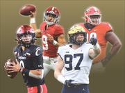 Editorial composite illustration of four college football players in uniforms from Cincinnati, Alabama, Michigan, and Georgia posed against a gold background.