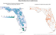 Two maps of Florida showing the estimated share of housing units that are mobile homes by census tract (2010-14) and locations of mobile home parks in 2016.