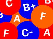 Colorful editorial illustration featuring large letter grades such as A, B+, C-, and F on overlapping red, blue, and orange circles.