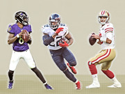 Editorial illustration showing three NFL players cut out against a neutral background: a Ravens quarterback, a Titans running back wearing number 22, and a 49ers quarterback.