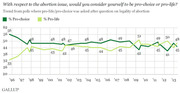 Gallup trend line chart showing percentage of Americans identifying as pro-choice vs pro-life from 1996 to 2013, with pro-choice ending at 48% and pro-life at 45%.