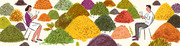 Editorial illustration of two people sitting with forks amid colorful mounds of various foods or ingredients in a whimsical scene.
