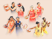 Collage of WNBA players in action from various teams including Las Vegas Aces, Washington Mystics, Connecticut Sun, and LA Sparks.