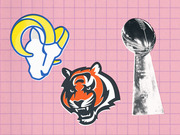 Editorial illustration showing the Los Angeles Rams logo, Cincinnati Bengals logo, and the Vince Lombardi Trophy on a pink grid background.