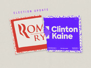 Editorial illustration showing torn Romney-Ryan and Clinton-Kaine campaign logos overlapping, labeled Election Update.