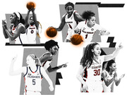 Editorial collage of women's college basketball players from Arizona, South Carolina, UConn Huskies, and Stanford in black-and-white with orange accent basketballs.