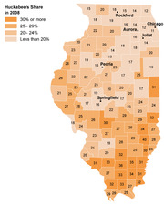 Choropleth map of Illinois counties showing Mike Huckabee's vote share in the 2008 Republican primary, with values ranging from less than 20% in northern counties to 30% or more in southern counties.