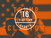 Editorial illustration for FiveThirtyEight's Trump vs Clinton 2016 US Election Update, featuring orange-tinted silhouettes of the two candidates against an American flag background.