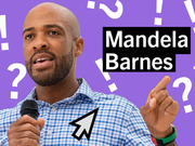 Editorial illustration of Mandela Barnes speaking into a microphone against a purple background with question marks and exclamation points.