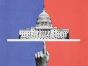 Editorial collage showing the U.S. Capitol building balanced on a finger against a split blue and red background symbolizing political division.
