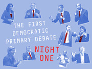 Editorial illustration featuring blue-tinted cutout photos of Democratic primary debate candidates arranged around the text The First Democratic Primary Debate Night One.