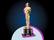 Editorial illustration of an Oscar statuette on a dark background with purple outline and grid circle design elements.
