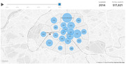 Bubble map of Paris arrondissements showing Airbnb guest counts by district for Summer 2014, with 517,821 total guests indicated by proportional blue circles.