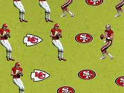 Repeating pattern illustration featuring Kansas City Chiefs and San Francisco 49ers NFL logos alongside cutout photos of quarterbacks on a green background.