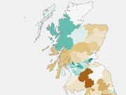 Choropleth map of Scotland and northern England showing regional data encoded in teal and brown color gradients across constituencies or council areas.