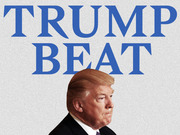 Editorial illustration showing Donald Trump in profile beneath large blue text reading TRUMP BEAT on a gray textured background.